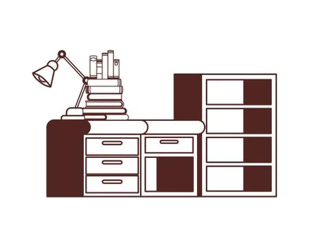 Desk and shelving with stack of books on white background 스톡 일러스트