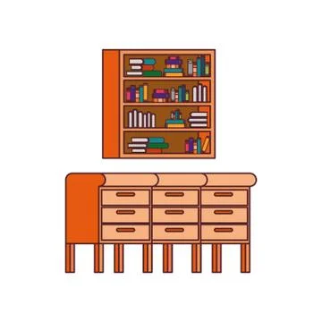 Desk and shelving with stack of books on white background 스톡 일러스트