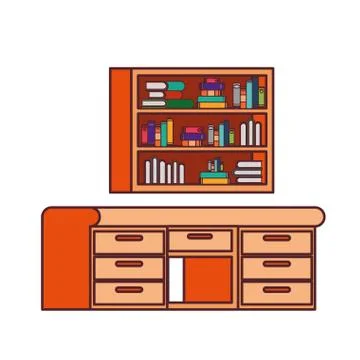 Desk and shelving with stack of books on white background 스톡 일러스트