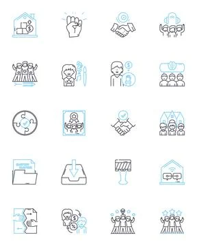 Desk area linear icons set. Workspace, Table, Computer, Statiry, Organization Illustrazione stock