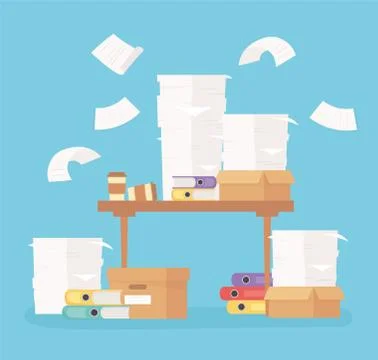 Desk with binders paper and sheets office work stress Stock Illustration