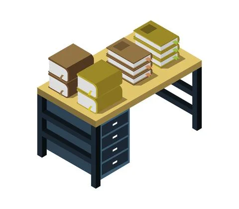 Desk with books isometric vector on white background Stock Illustration