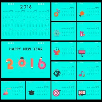 Desk Calendar 2016 Vector Design Template.Set of 12 Months.Week Starts Sunday Stock Illustration