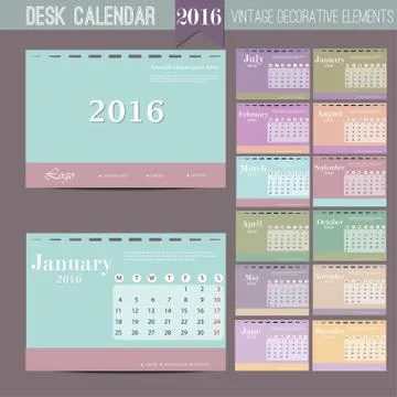 Desk Calendar 2016 Vector Design Template with abstract pattern. Set of 12 Stock Illustration