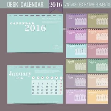 Desk Calendar 2016. Vector Print Template with abstract pattern. Set of 12 Stock Illustration
