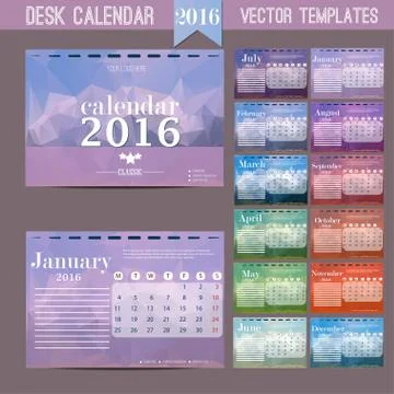 Desk Calendar 2016. Vector Print Template with abstract pattern. Set of 12 Stock Illustration