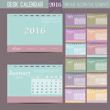 Desk Calendar 2016. Vector Print Template with abstract pattern. Set of 12 Illustrazione stock