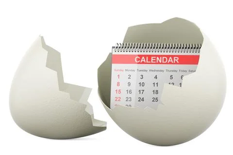 Desk calendar inside broken chicken egg, 3D rendering Stock Illustration
