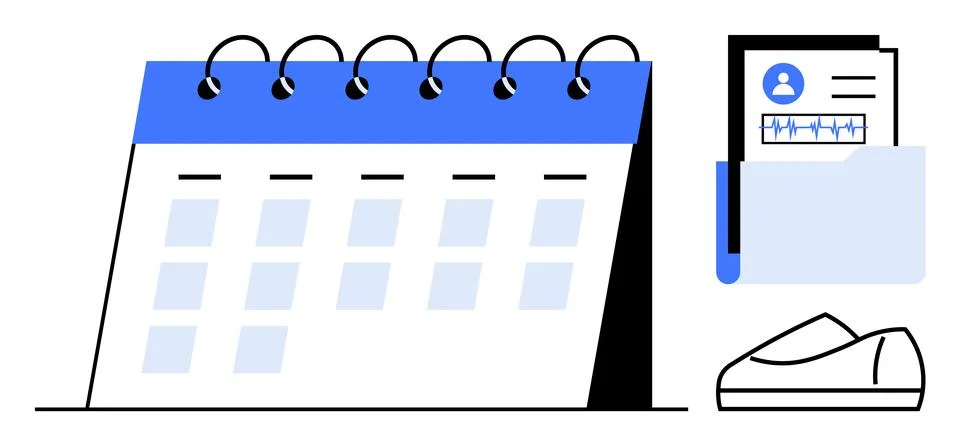 Desk calendar open to empty dates on a spiral-bound stand, folder with medica Stock Illustration