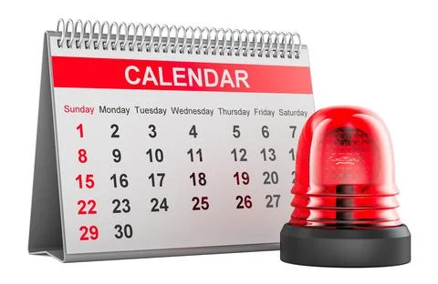 Desk calendar with red warning beacon, concept of urgent deadline, reminder.. Stock Illustration