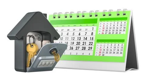 Desk calendar with security lock box for storage and transfer of keys. 3D r.. Illustrazione stock