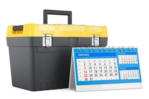 Desk calendar with tool box, 3D rendering Ilustração Stock