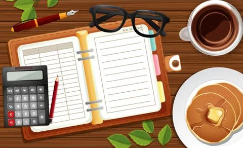 Desk close up with blank planner book and coffee and pancake and glasses Stock Illustration