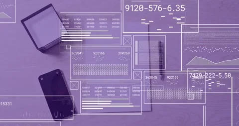 Desk cluster receiving live data feed, showing tech panels over phone, notebook, 스톡 동영상 331756868