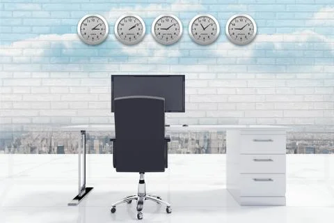 Desk with a computer  against a stone wall Illustrazione stock
