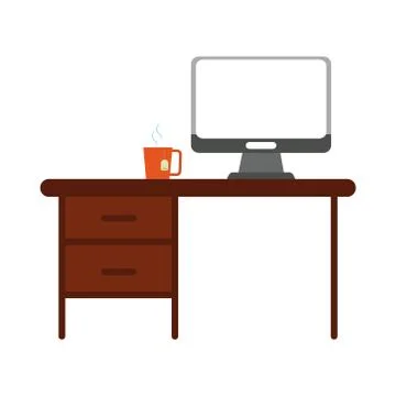 Desk computer and coffee cup office supply stationery work flat style icon Illustrazione stock