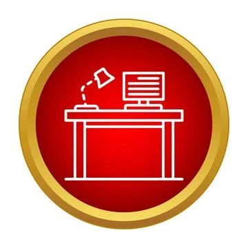 Desk with computer and lamp icon illustration Stock Illustration