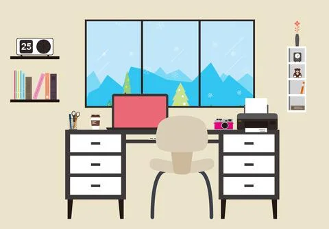 Desk with computer and other things, vector illustration Stock Illustration
