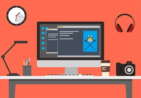 Desk with computer and other things, vector illustration Illustrazione stock