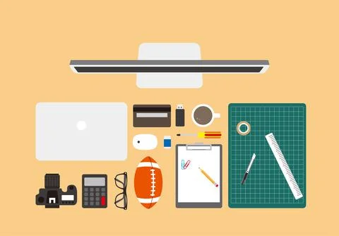 Desk with computer and other things, vector illustration Stock Illustration