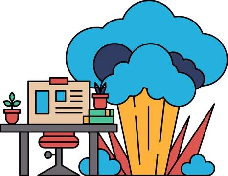A desk with a computer and a plant on it Illustrazione stock