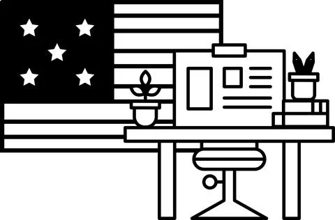 A desk with a computer and a plant next to a flag Stock Illustration