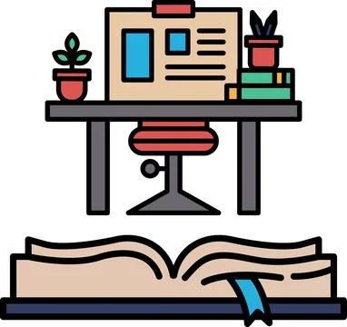 A desk with a computer, a chair, a book, and a potted plant イラスト素材