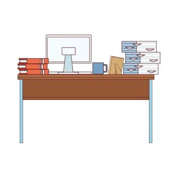 Desk with computer desktop and pile documents Illustrazione stock