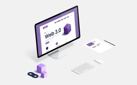Desk with computer display and Web 3.0 presentation in isometric position con Stock Photos