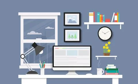 Desk with computer, documents and stationery. Workplace for the business and  Stock Illustration