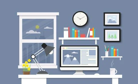 Desk with computer, documents and stationery. Workplace for the business and  스톡 일러스트