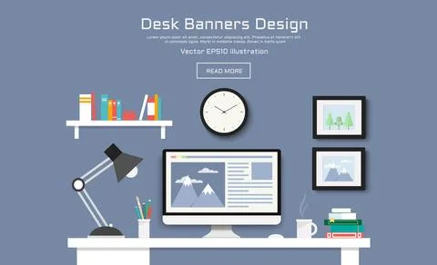 Desk with computer, documents and stationery. Workplace for the business and  Illustrazione stock