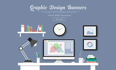 Desk with computer, documents and stationery. Workplace for the business and  Stock Illustration