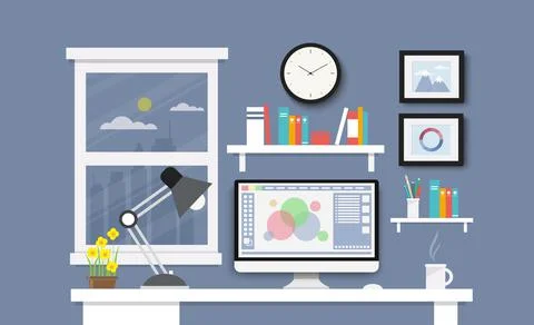 Desk with computer, documents and stationery. Workplace for the business and  Illustrazione stock