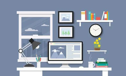 Desk with computer, documents and stationery. Workplace for the business and  Stock Illustration