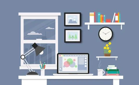 Desk with computer, documents and stationery. Workplace for the business and  Illustrazione stock