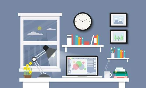 Desk with computer, documents and stationery. Workplace for the business and  Illustrazione stock