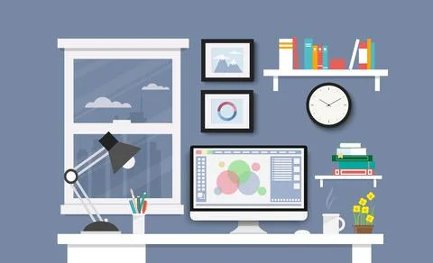 Desk with computer, documents and stationery. Workplace for the business and  Illustrazione stock