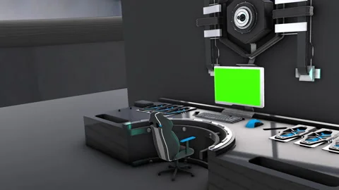 Desk computer office Green screen. Futuristic design Stock Footage 258483368
