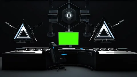 Desk computer office Green screen. Futuristic design Stock Footage 258484406