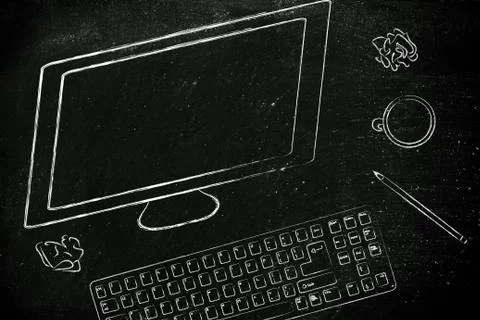 Desk with computer screen, keyboard and coffee Stock Illustration