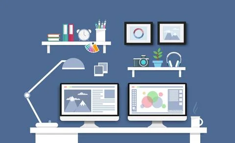 Desk with computer set, documents and stationery. Workplace for the graphic d Stock Illustration