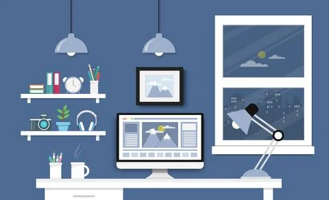 Desk with computer set, documents and stationery. Workplace for the graphic d Stock Illustration