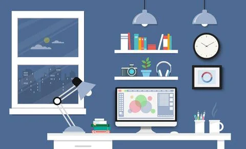 Desk with computer set, documents and stationery. Workplace for the graphic d Stock Illustration