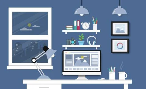 Desk with computer set, documents and stationery. Workplace for the graphic d Illustrazione stock