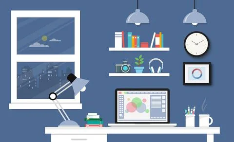 Desk with computer set, documents and stationery. Workplace for the graphic d Stock Illustration