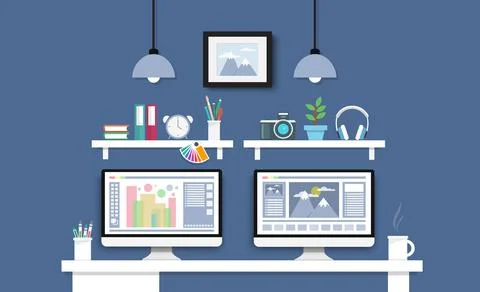 Desk with computer set, documents and stationery. Workplace for the graphic d Stock Illustration