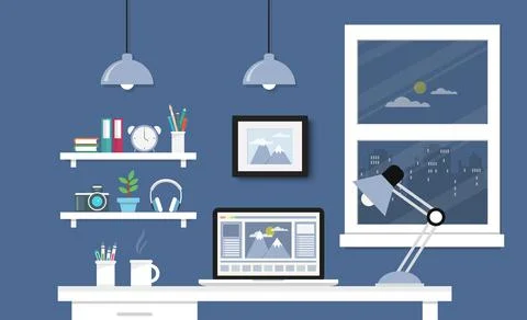 Desk with computer set, documents and stationery. Workplace for the graphic d Stock Illustration