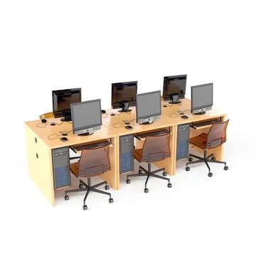 A desk with computers and chairs, 3d rendering Stockillustratie