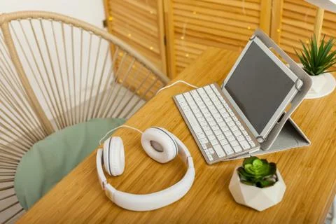 Desk of creative worker. Modern creative workspace. Stock Photos